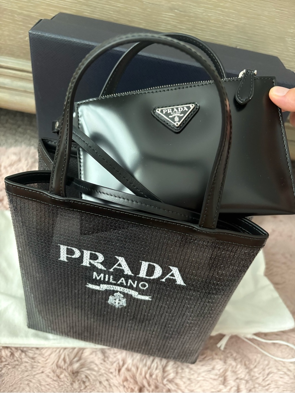Prada Sequin Rete Paillettes Small Tote Bag Black - Picture 8 of 11